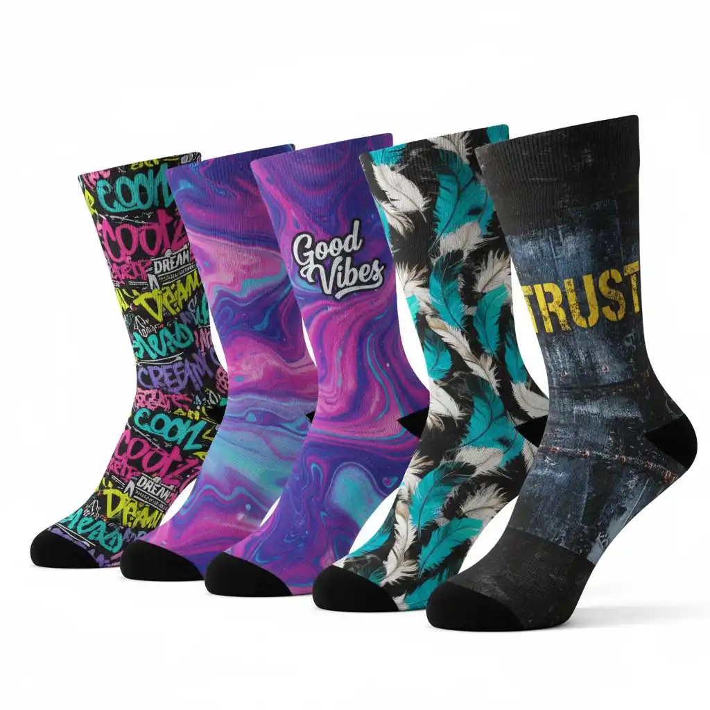 A custom sock being printed with a 360-degree dye-sublimation process, showing a seamless, full-color design.