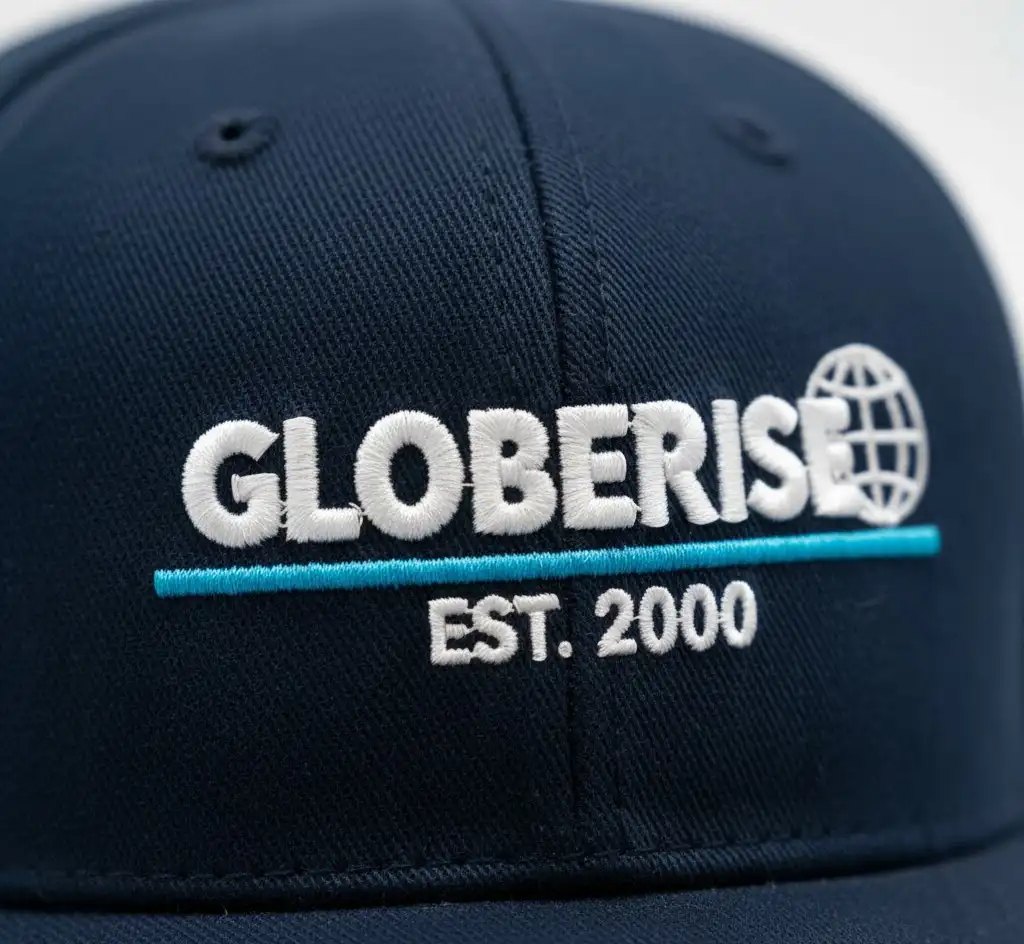 A detailed macro shot of 3D puff embroidery on a baseball cap, showing the raised, textured effect of the stitching.