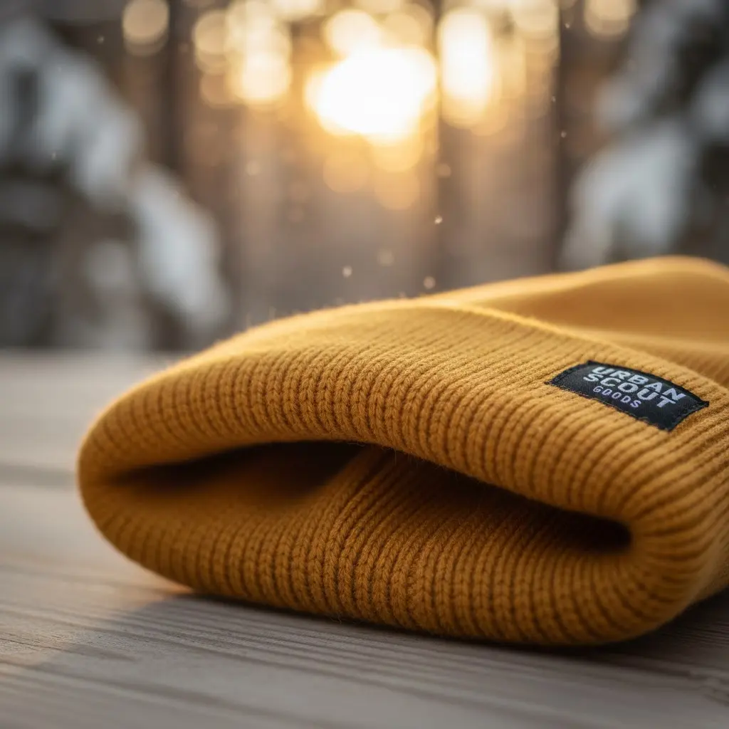 A close-up of a brightly colored, soft-spun acrylic knit beanie, showcasing its cozy texture and vibrant color.