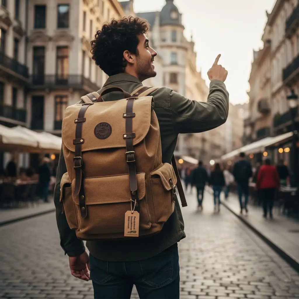 A traveler with a durable, multi-functional custom canvas backpack exploring a new city.