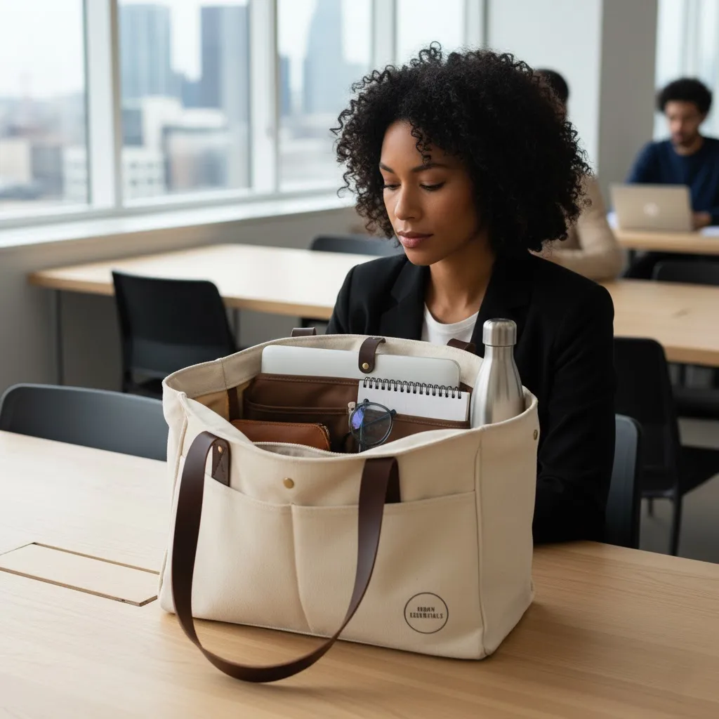 A professional in a modern co-working space with a large, organized custom canvas tote bag containing a laptop, notebook, and water bottle.