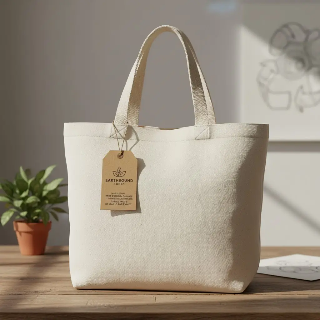 A minimalist custom canvas tote bag made from recycled canvas, with a tag explaining its sustainable origins.