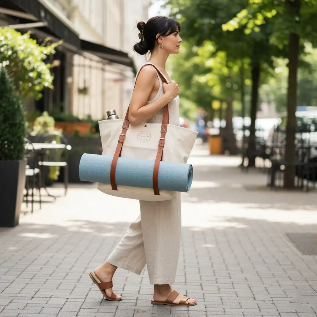 A stylish person carrying a custom canvas tote bag with an external strap holding a yoga mat.