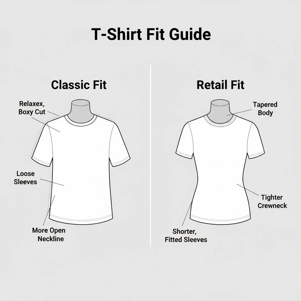 A side-by-side comparison diagram showing the difference between a boxier 'Classic Fit' t-shirt and a more tailored 'Retail Fit' t-shirt.