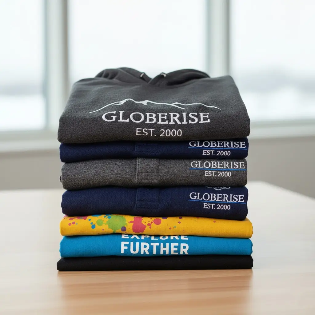 A stack of custom t-shirts, polos, and hoodies.