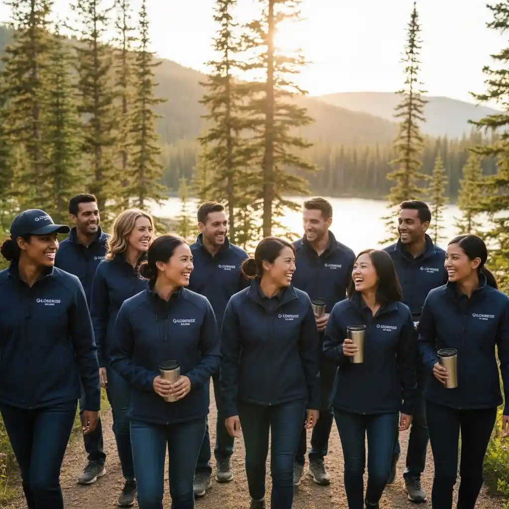 A corporate team on an outdoor retreat, all wearing matching custom softshell jackets, fostering a sense of unity.