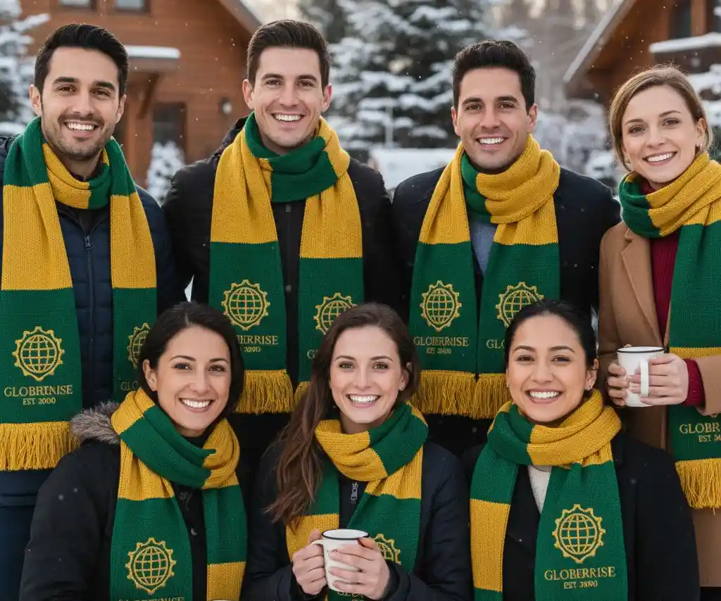 A diverse group of smiling employees at a corporate winter event, all wearing matching custom knitted scarves with the company logo.