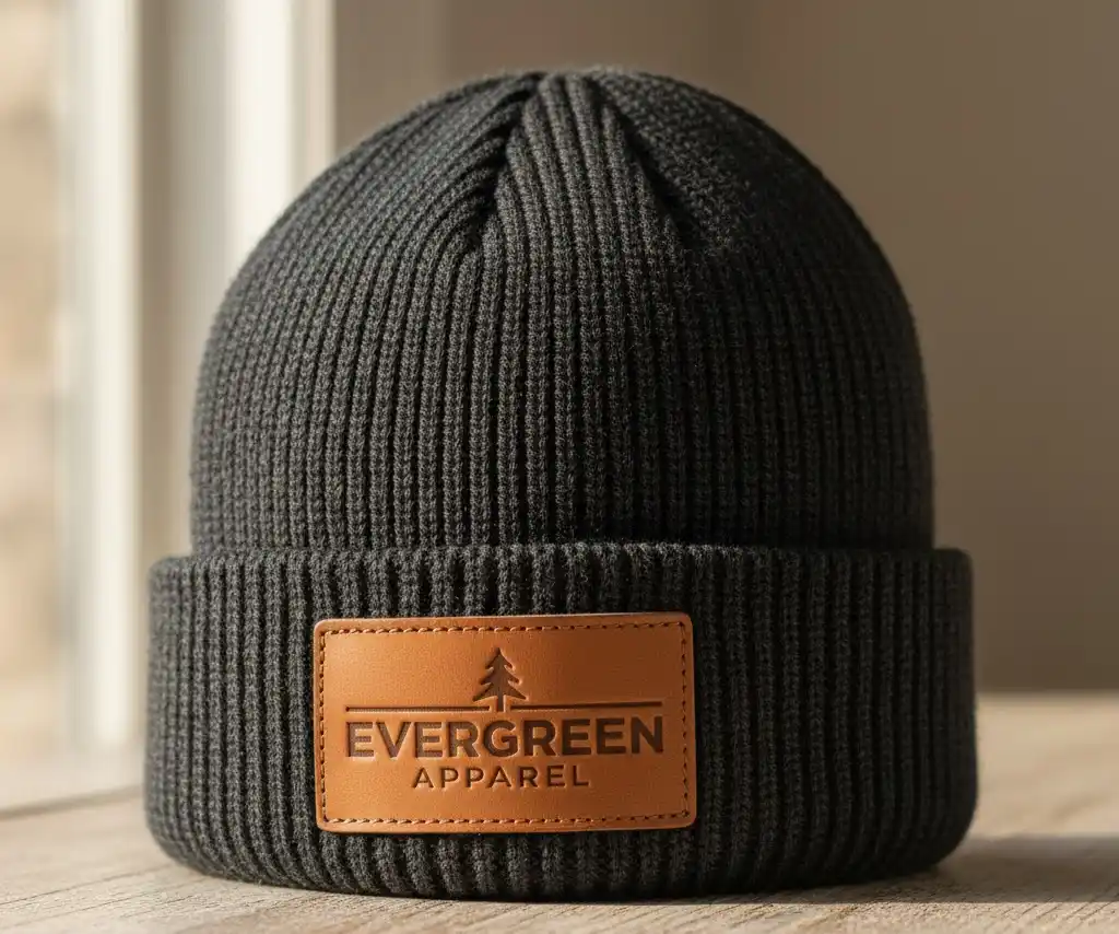 A classic cuffed beanie in a dark color, showing a custom leather patch stitched prominently onto the folded cuff.