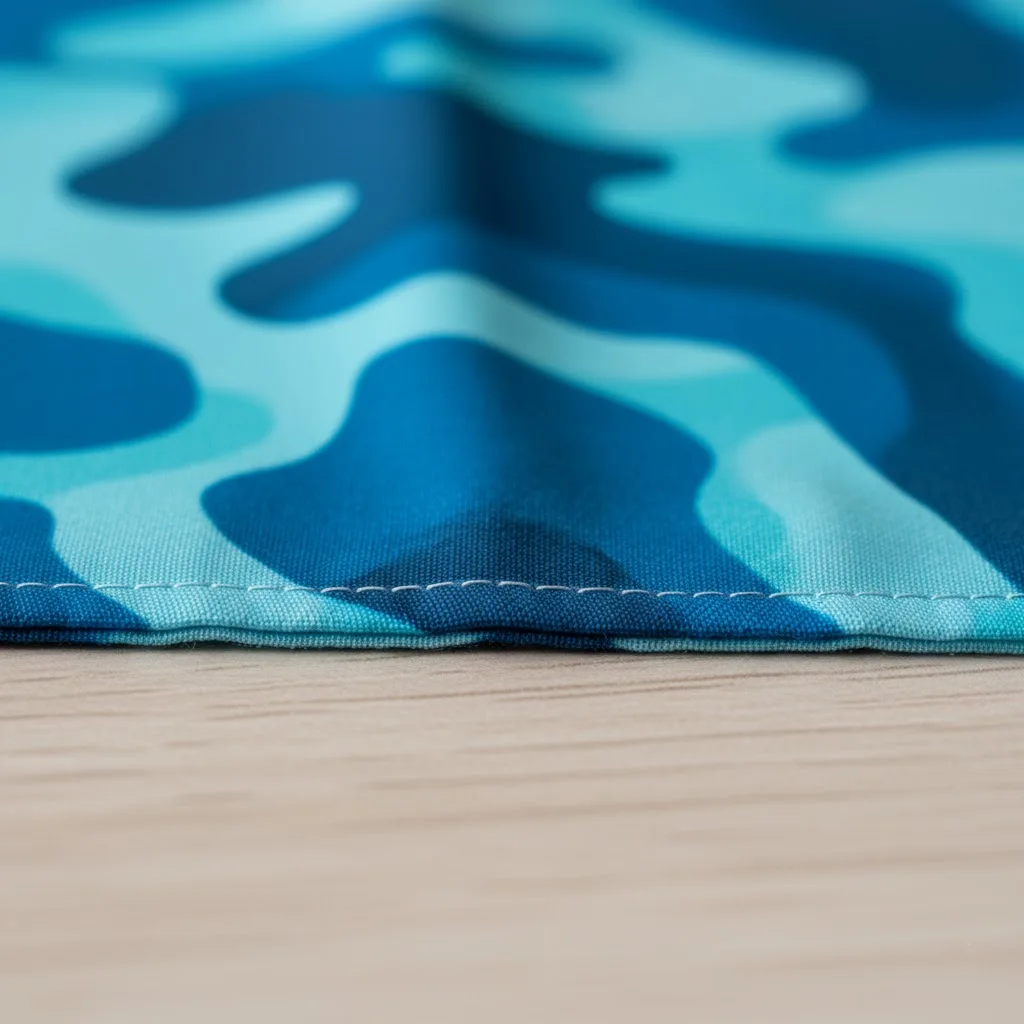 Close-up of the stitched hemmed edge on a custom bandana.