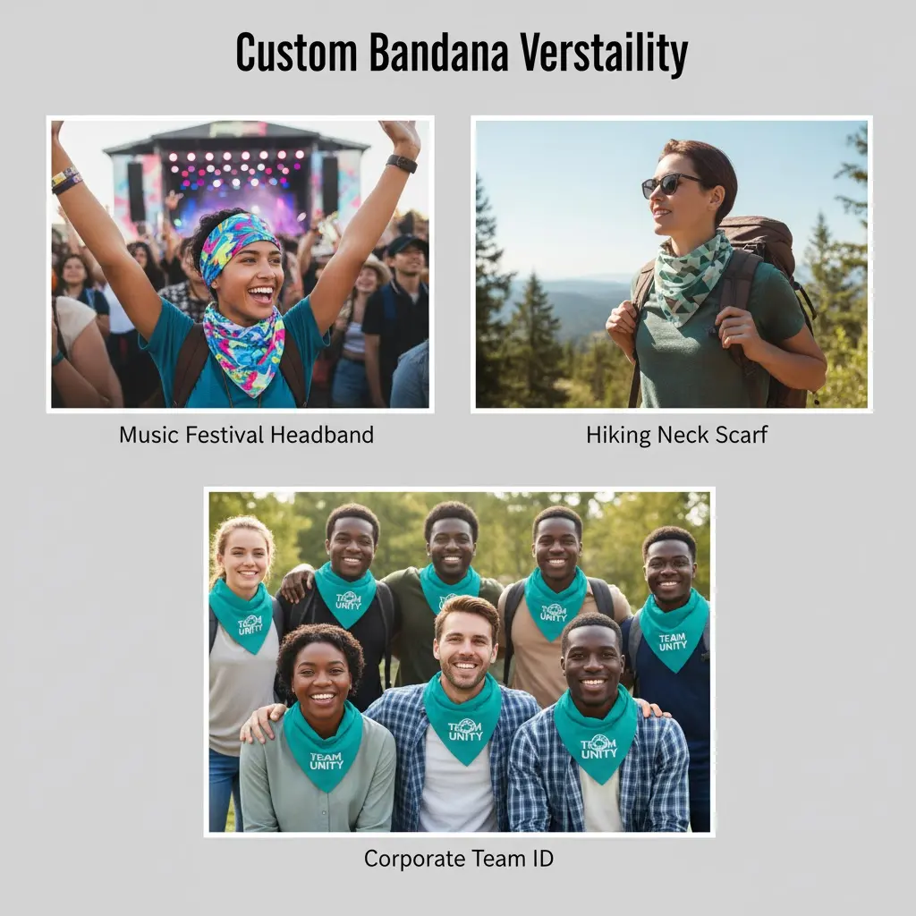 A dynamic collage showing the versatility of custom bandanas: worn as a headband, neck scarf, and pet accessory.