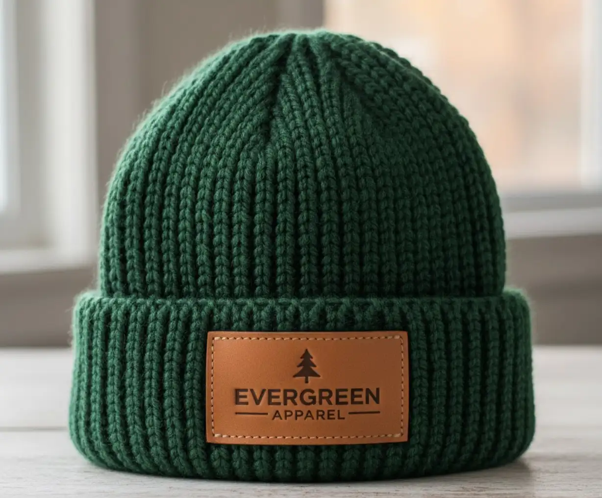 A soft cuffed beanie featuring a custom leather patch.