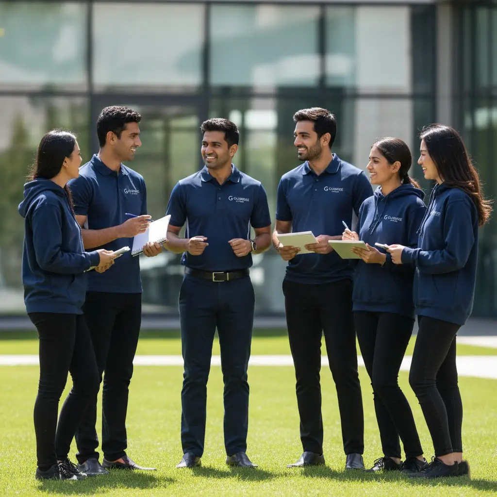 A professional team wearing matching custom-branded polo shirts and hoodies at a corporate event.