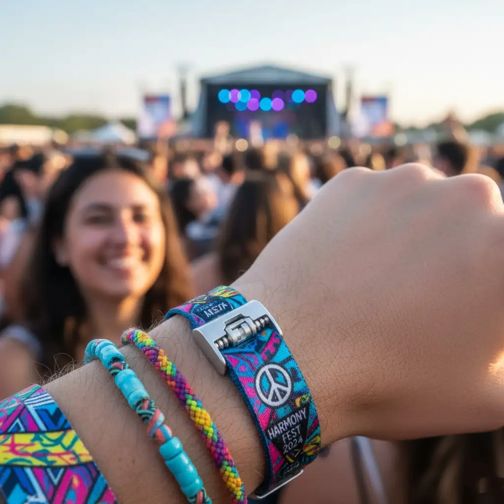 A close-up of a high-quality, full-color printed fabric wristband with a secure locking clasp.