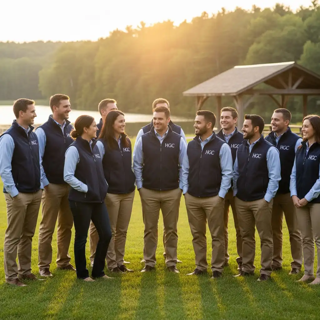 A professional corporate team at an outdoor retreat, all wearing matching custom-embroidered fleece vests over their shirts.