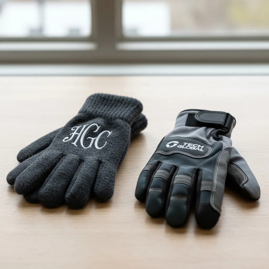 A pair of high-quality custom gloves with an embroidered logo, one for winter wear and another for work.