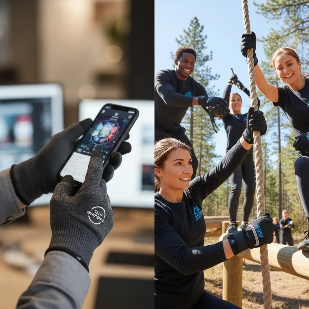 A dynamic collage of custom gloves in action: a person using a touchscreen phone while wearing branded knit gloves, and another wearing durable performance gloves.