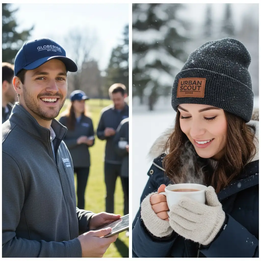 A dynamic collage of custom headwear, featuring a person in a branded baseball cap at a corporate event, and another in a cozy custom beanie.
