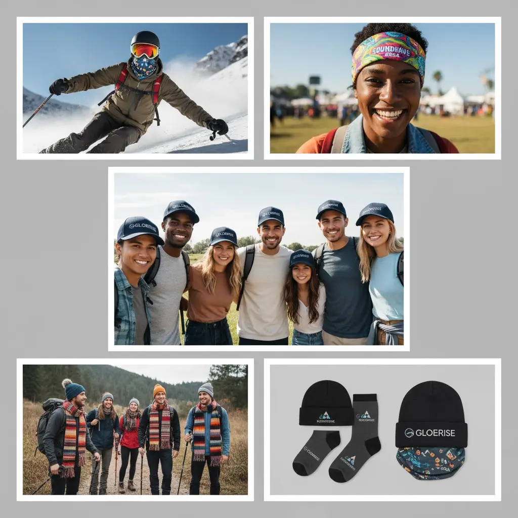 A dynamic collage showcasing custom headwear and neckwear, including a neck gaiter, bandana, and branded hats.