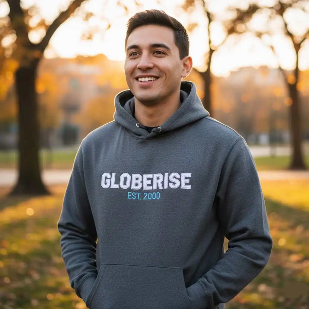 A person wearing a cozy, custom-branded hoodie.