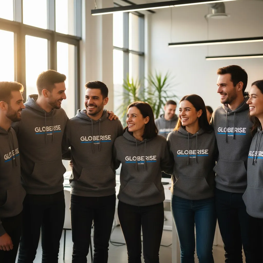 A diverse group of colleagues at a tech company, looking happy and unified in matching custom-branded hoodies.