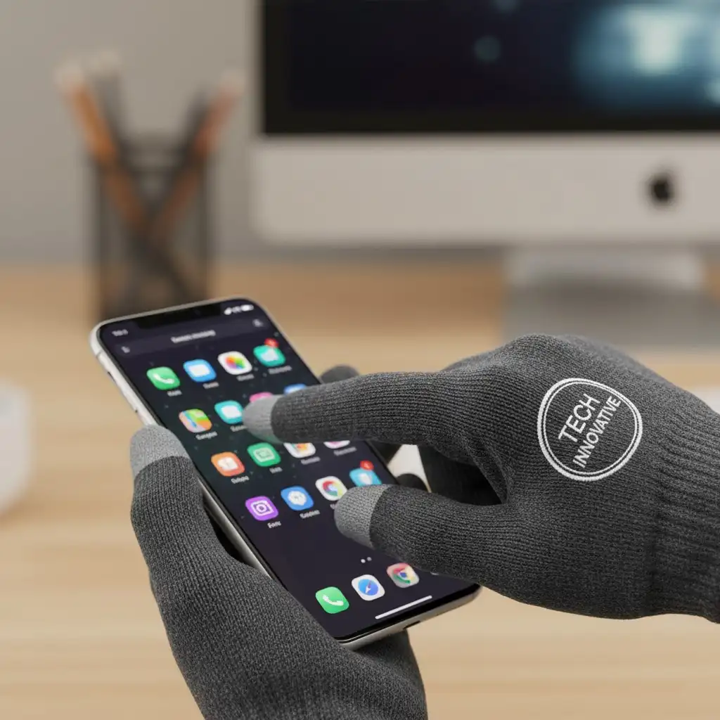 A pair of soft, custom-embroidered knit gloves, with one finger shown successfully operating a smartphone screen.