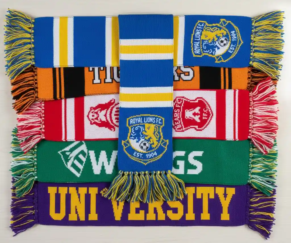 A stack of custom jacquard knitted scarves in various team colors.