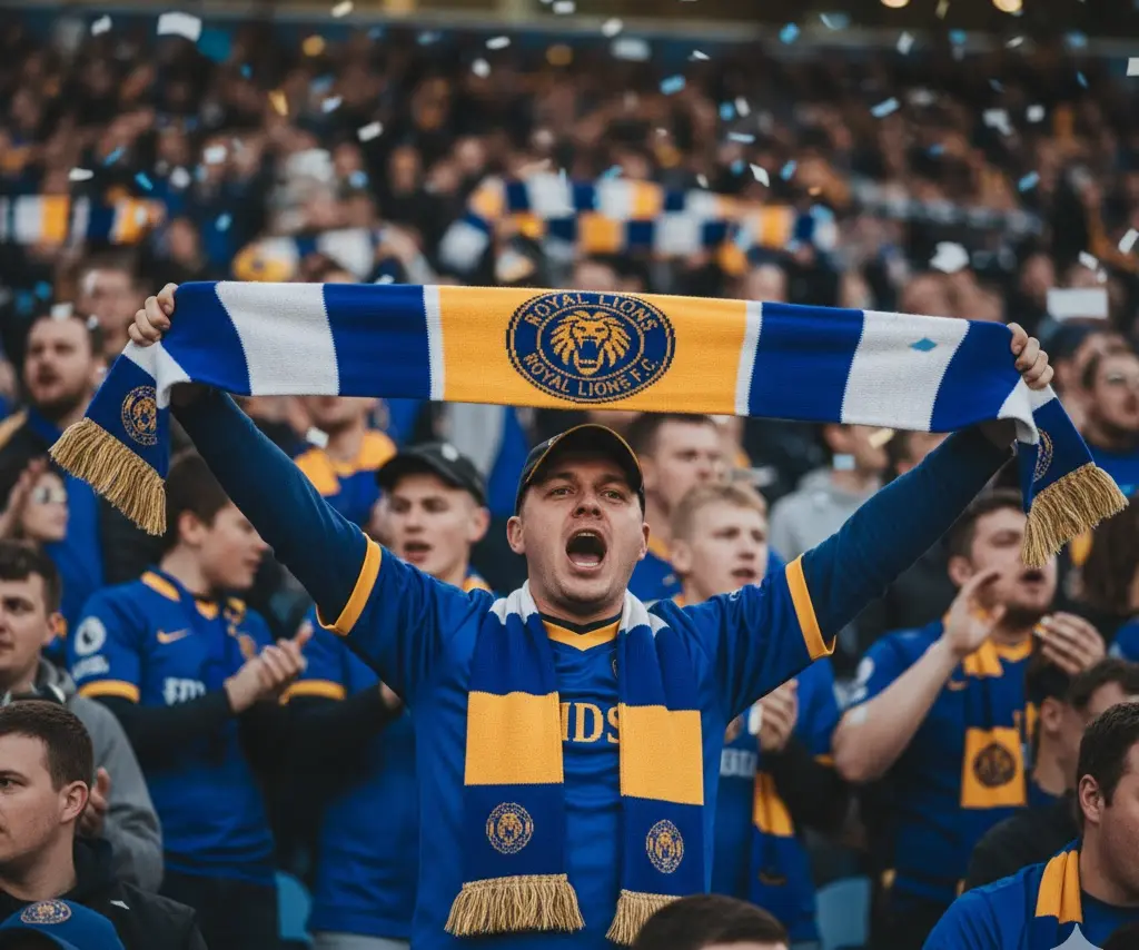 A fan at a sports stadium holding up a custom jacquard knitted scarf with team colors.