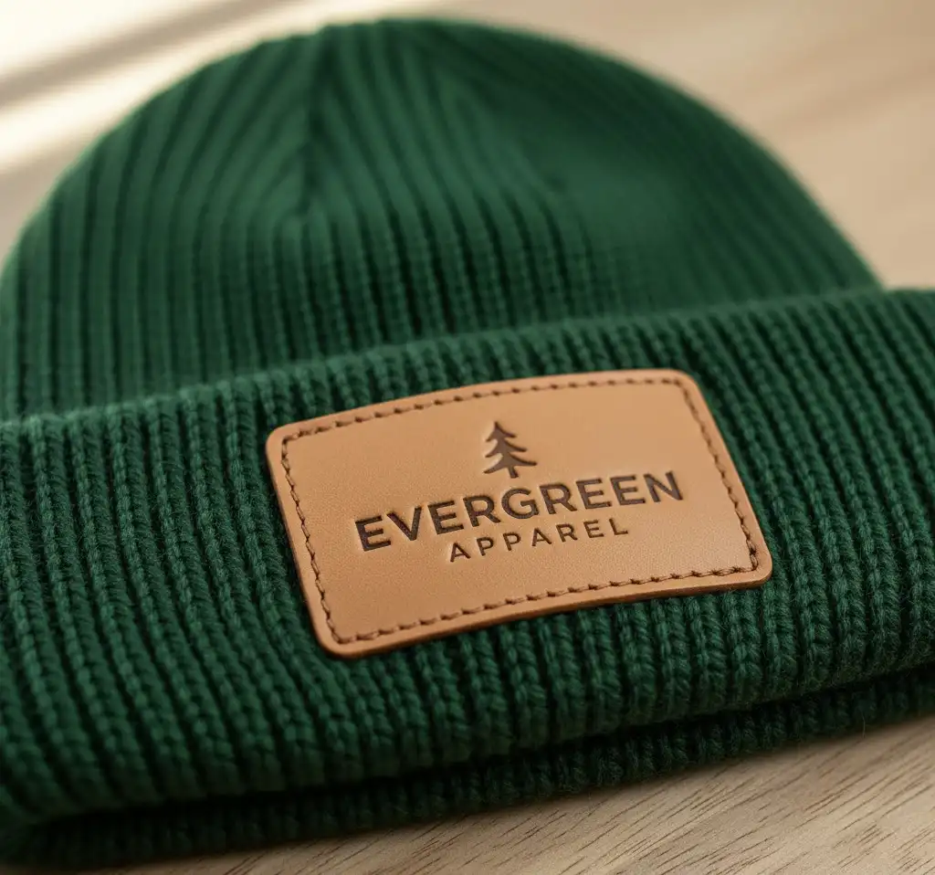 A close-up of a stylish beanie featuring a custom-shaped leather patch with a debossed logo, stitched onto the cuff.