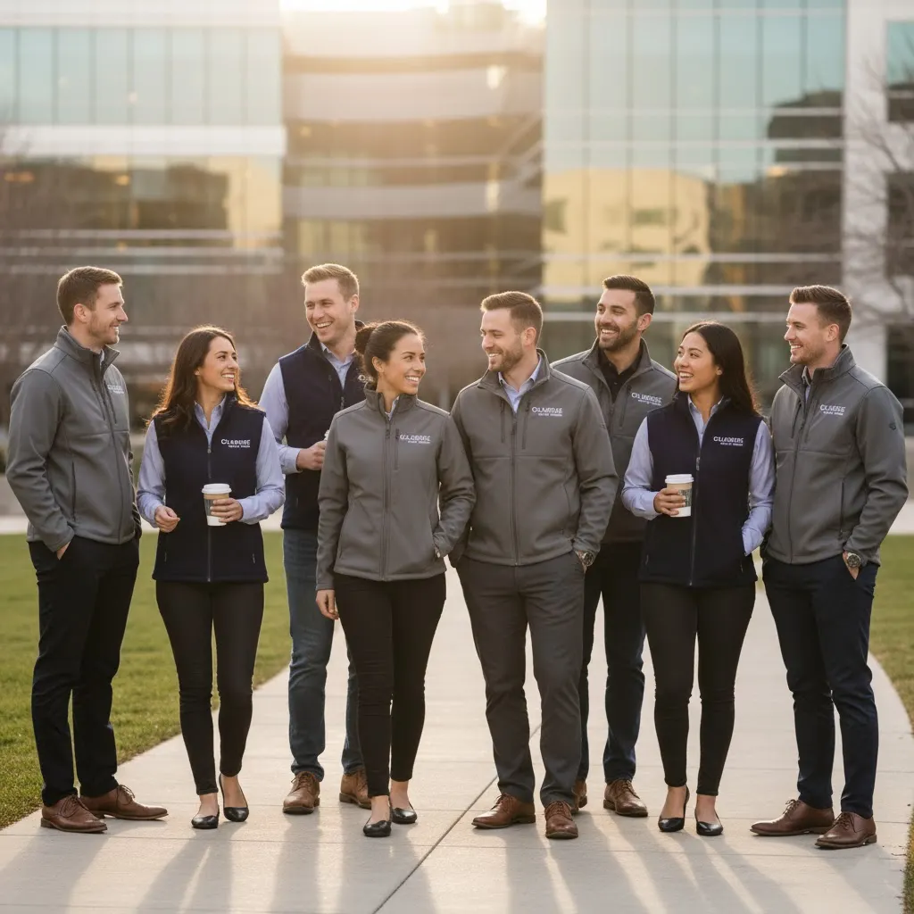 A corporate team outdoors, all wearing matching custom-branded performance jackets and vests, looking professional and unified.