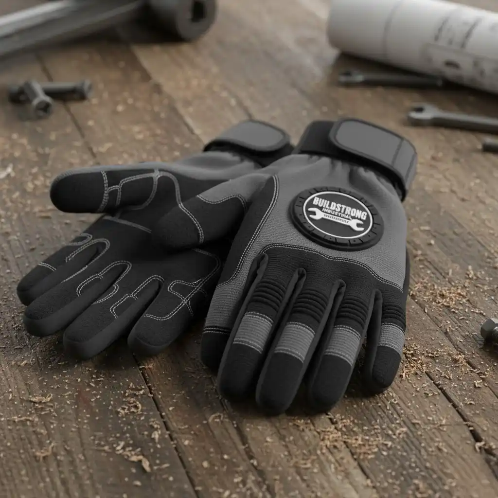 A durable pair of custom work gloves featuring reinforced palms and a rugged PVC patch with the company logo.
