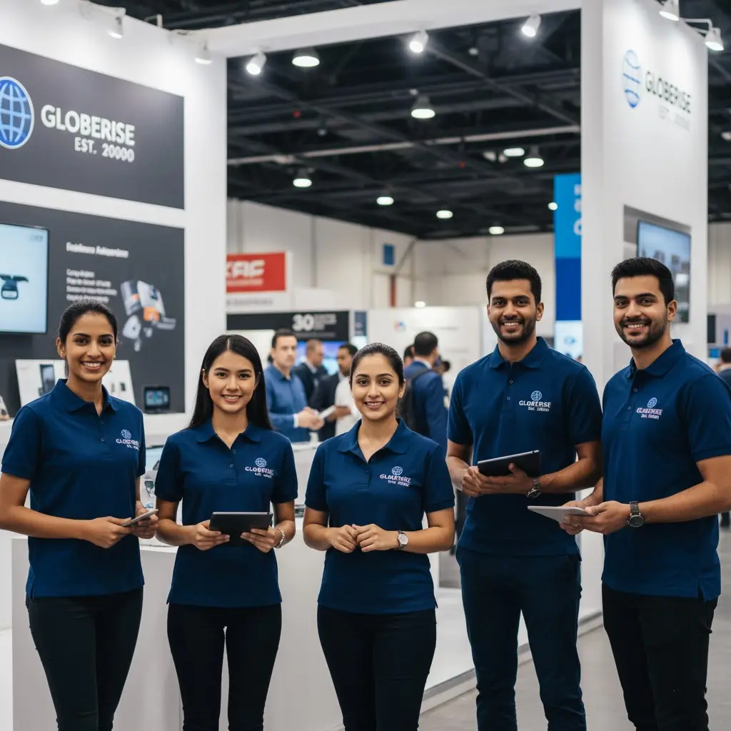 A professional team at a trade show, looking unified and sharp in matching custom polo shirts with embroidered logos.
