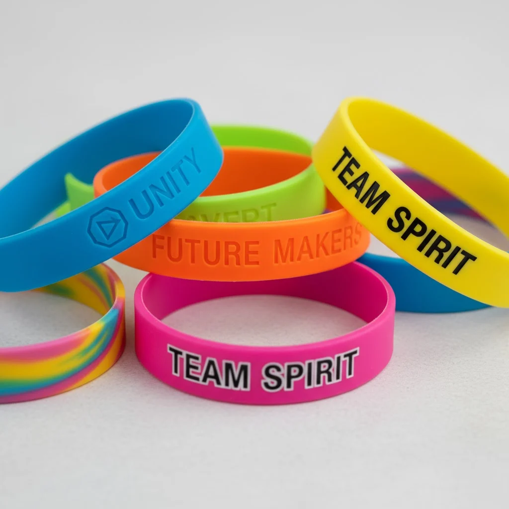 A collection of colorful custom silicone wristbands, showcasing different branding techniques like debossing, embossing, and color filling.