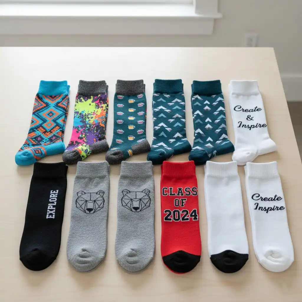 A collection of custom socks with various colorful, all-over printed designs.