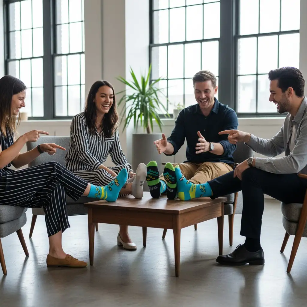 A group of people at a tech company showing off their fun, colorful custom-branded socks, sparking conversation and team spirit.