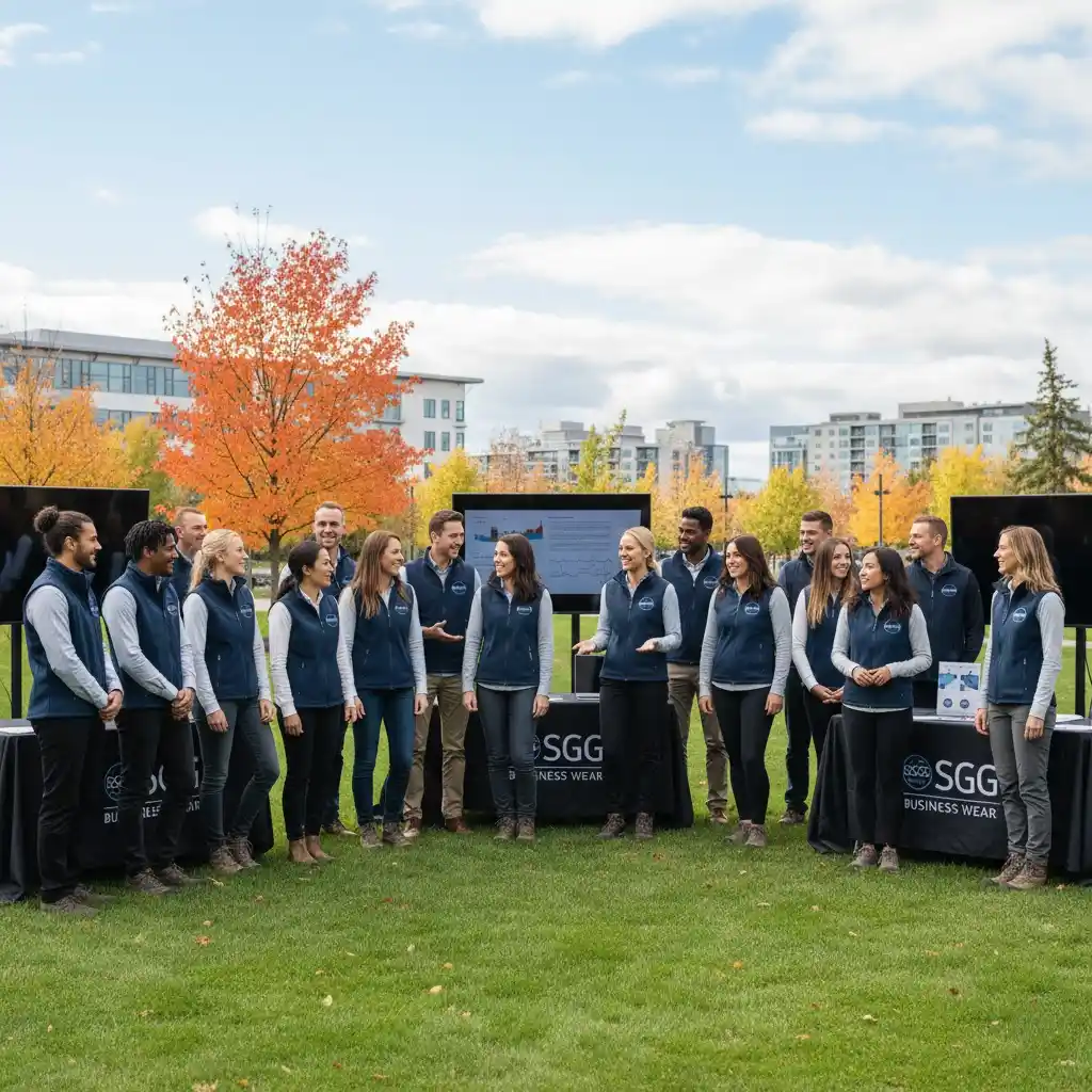 A professional team outdoors at a corporate event, all wearing matching custom-embroidered softshell jackets.