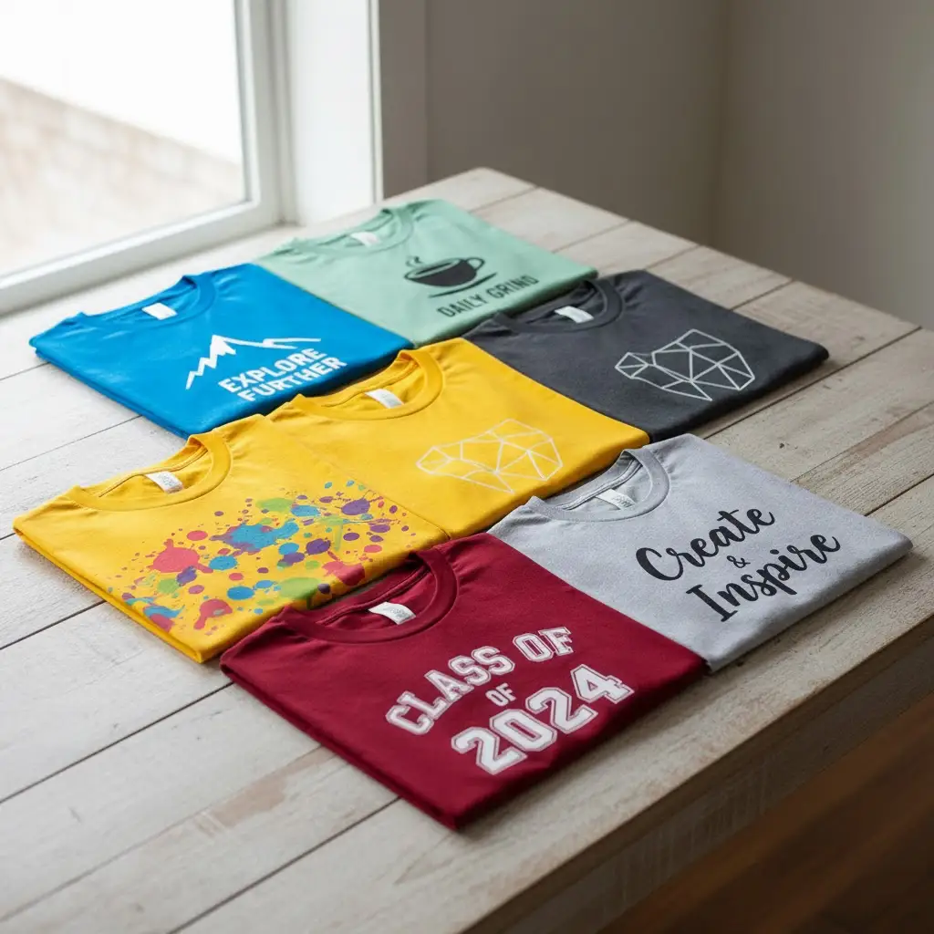A collection of custom-printed T-shirts in various colors.