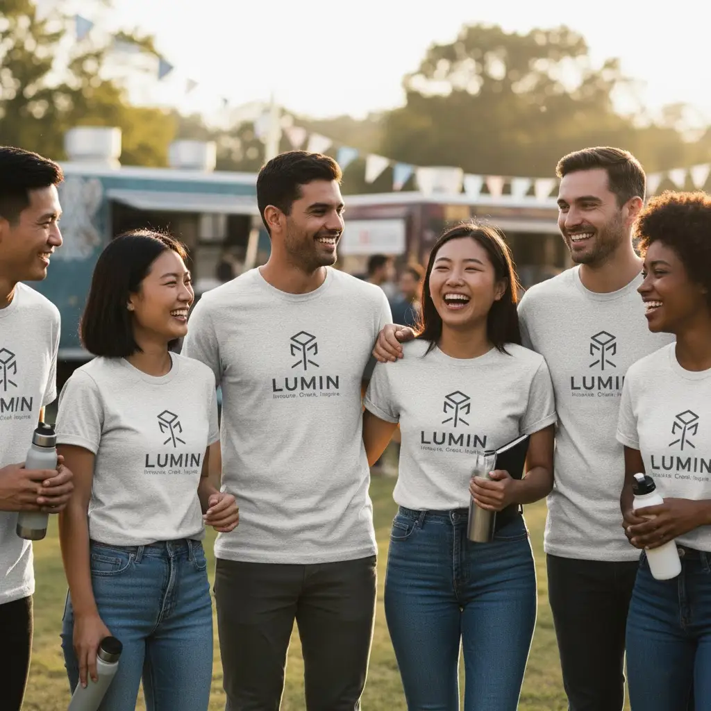 A group of diverse employees at a company event, all wearing matching custom t-shirts with a clean, modern brand logo.