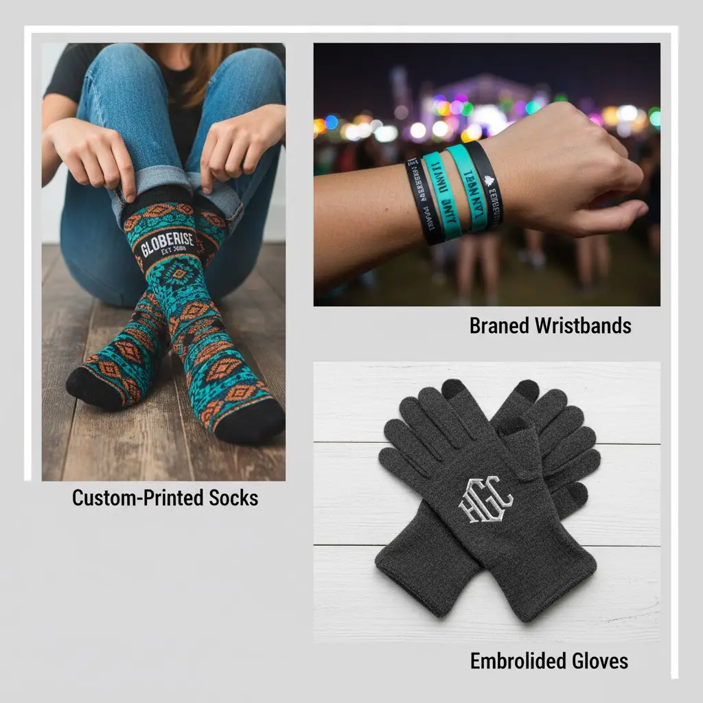 A vibrant collage of custom wearable accessories, including a person showing off custom-printed socks, another wearing a branded wristband at an event, and a pair of embroidered gloves.