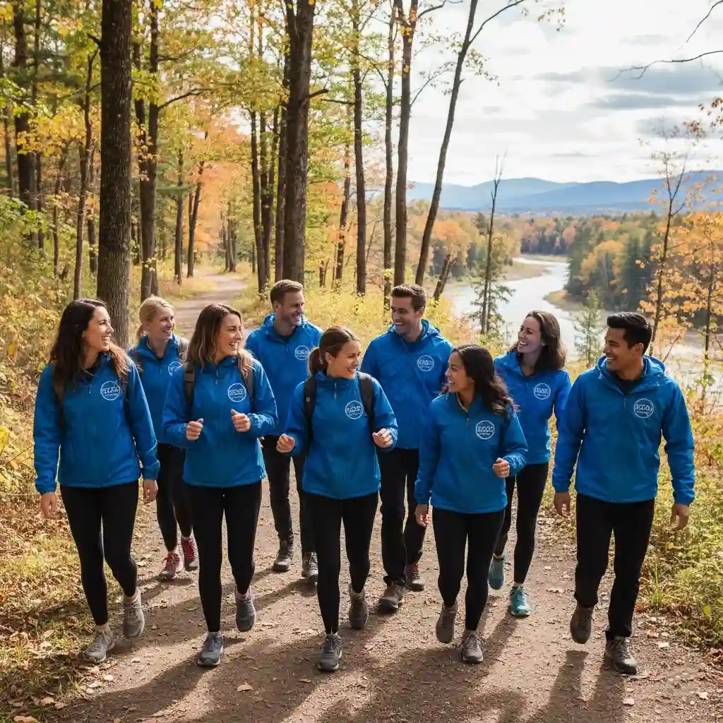 A team of employees on a corporate outing, all wearing matching lightweight custom windbreakers with their company logo.