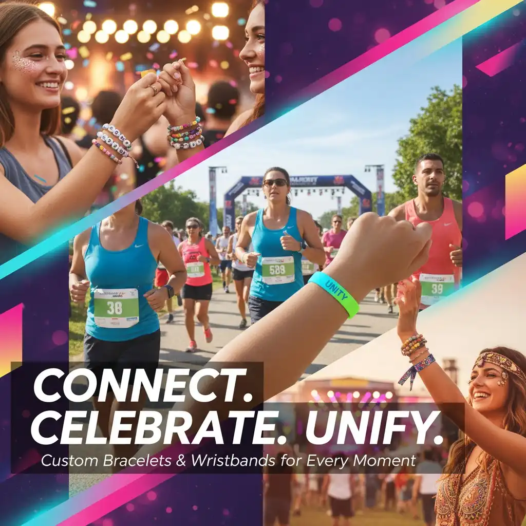 A vibrant collage of custom wristbands in action, including people wearing them at a music festival, a charity run, and a corporate event.