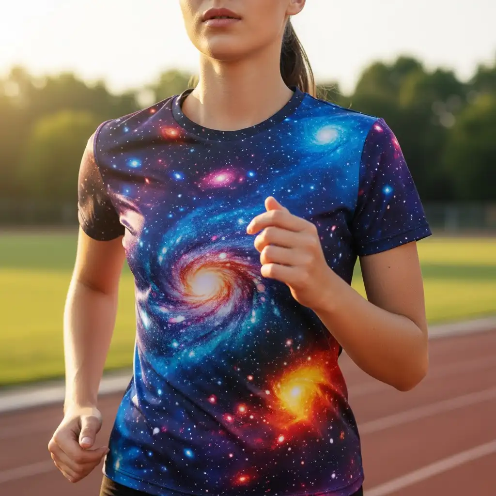 A vibrant, full-color photographic design printed seamlessly across a performance polyester shirt, showcasing the detail of dye-sublimation.