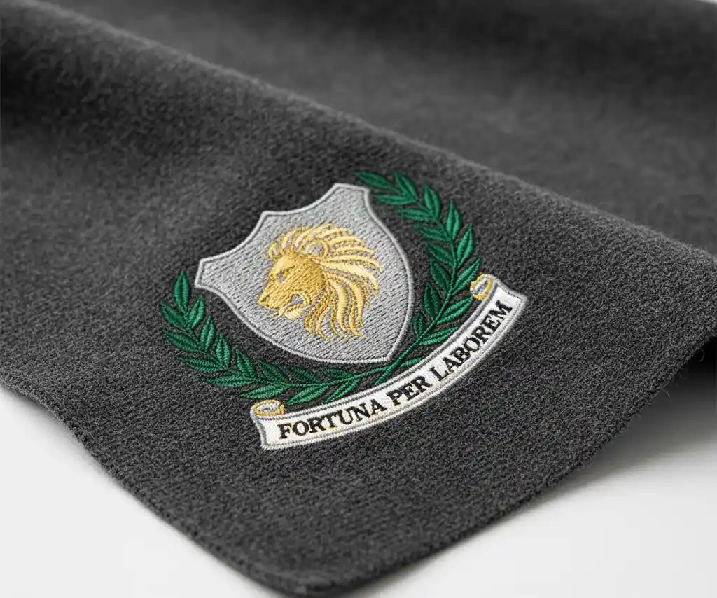 A close-up of a luxurious, solid-colored scarf with a beautifully detailed embroidered corporate crest in the corner.