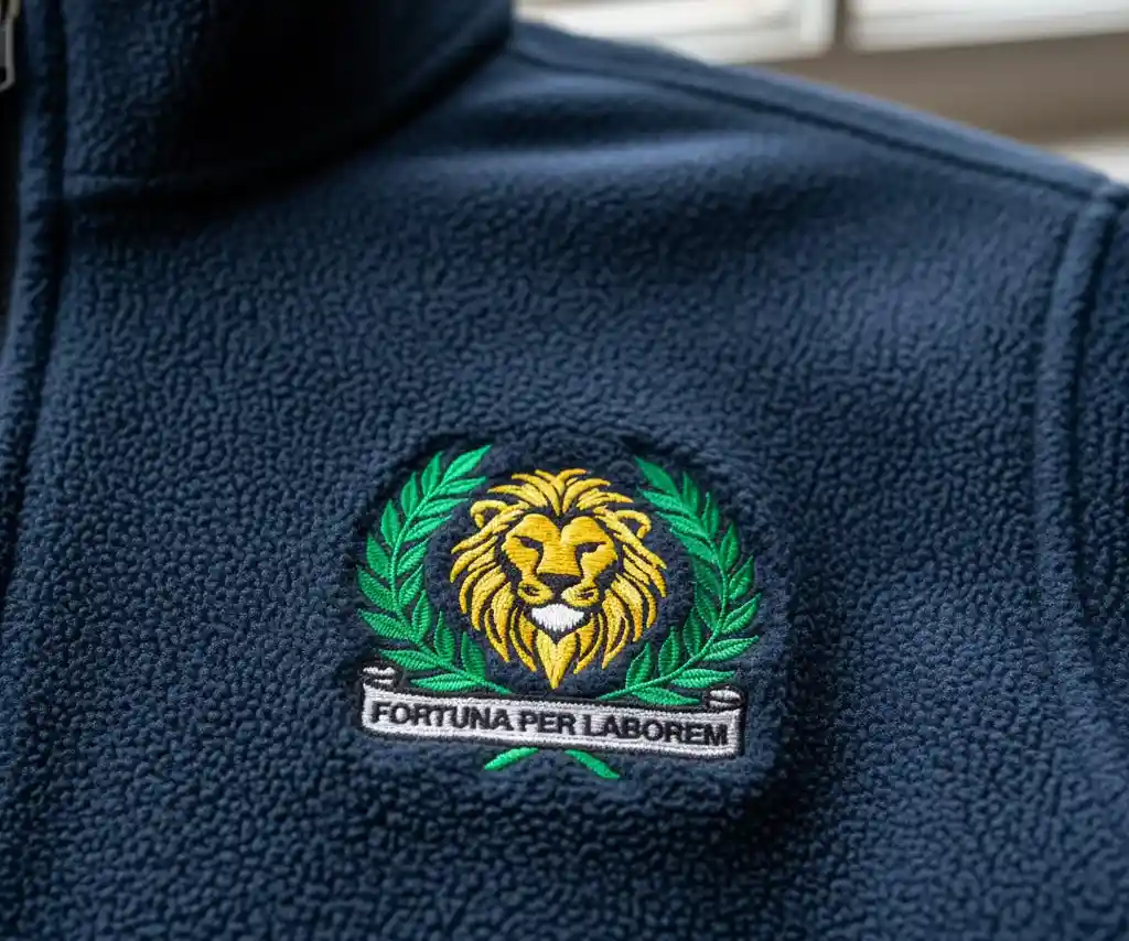 A close-up of a crisp, multi-color embroidered logo on the chest of a plush fleece jacket.