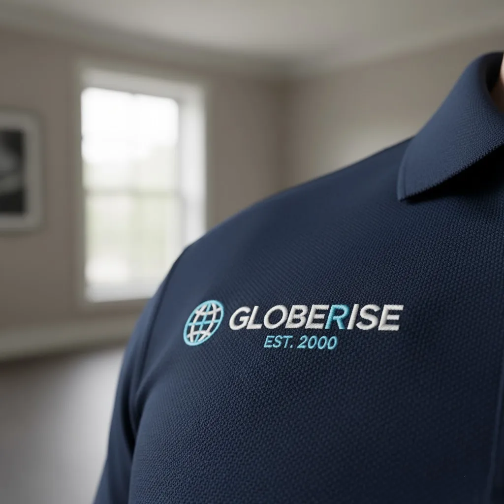 A close-up of a corporate logo embroidered on the chest of a polo shirt, highlighting the texture and professional finish of the stitching.