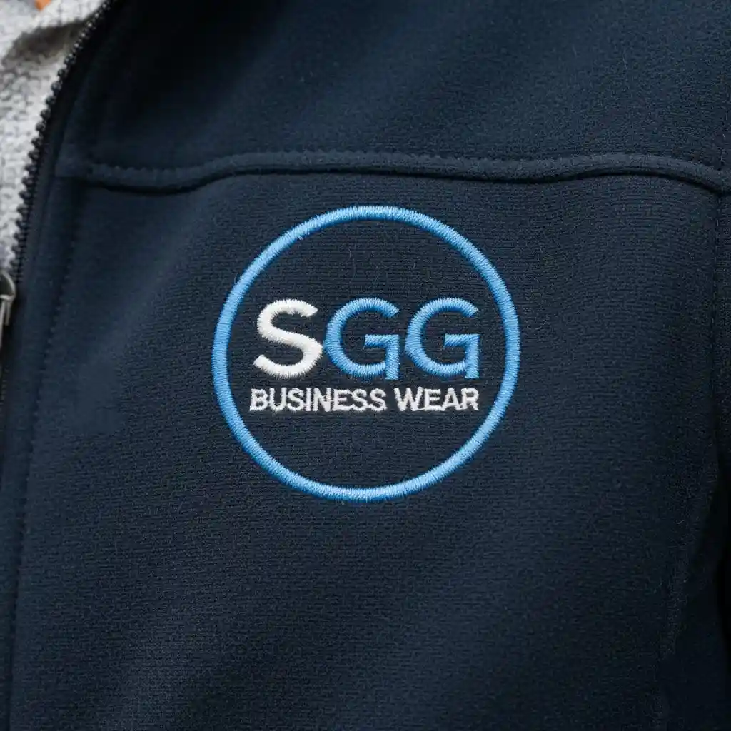 A high-quality, detailed embroidered logo on the chest of a softshell jacket.