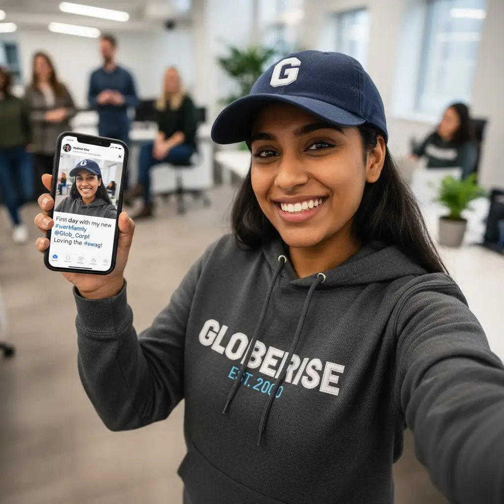 An employee proudly posting a selfie on social media, wearing a stylish custom company hoodie and hat.
