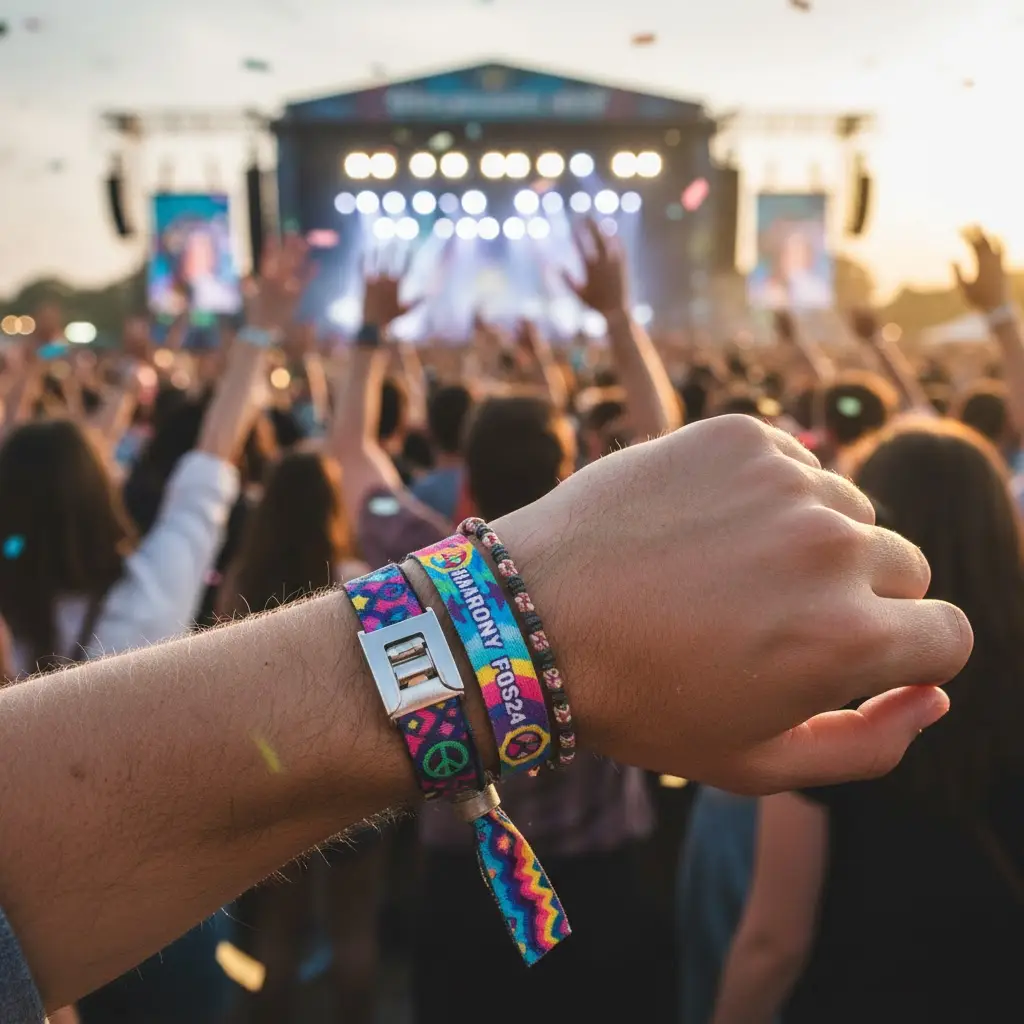 A person's wrist at a music festival, wearing a brightly colored, dye-sublimated fabric wristband with a secure, one-way locking clasp.