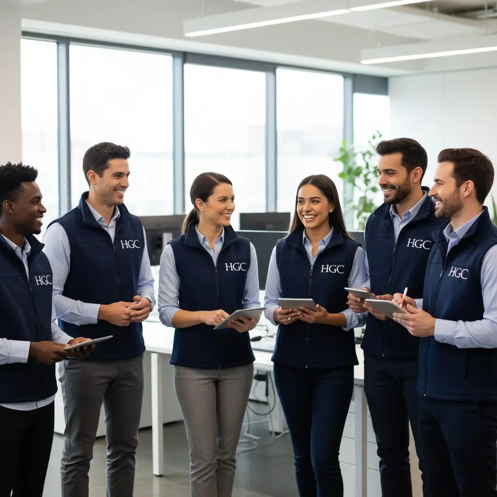 A professional team in an office setting, looking sharp and unified in custom-embroidered fleece vests worn over their shirts.
