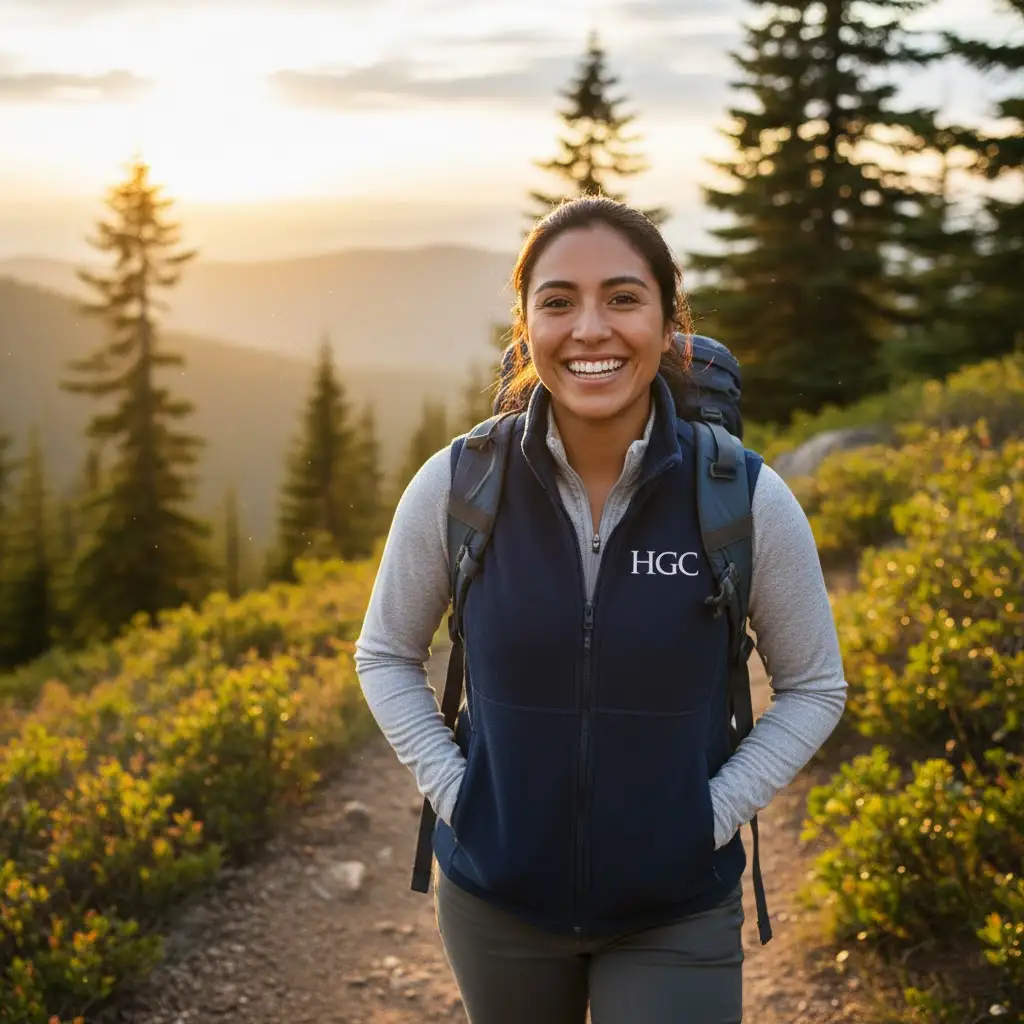 An employee wearing their branded company fleece vest while hiking on a trail during the weekend.