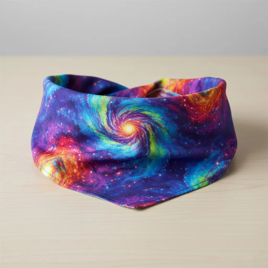 A vibrant, custom bandana showcasing a complex, photographic-quality design printed edge-to-edge.